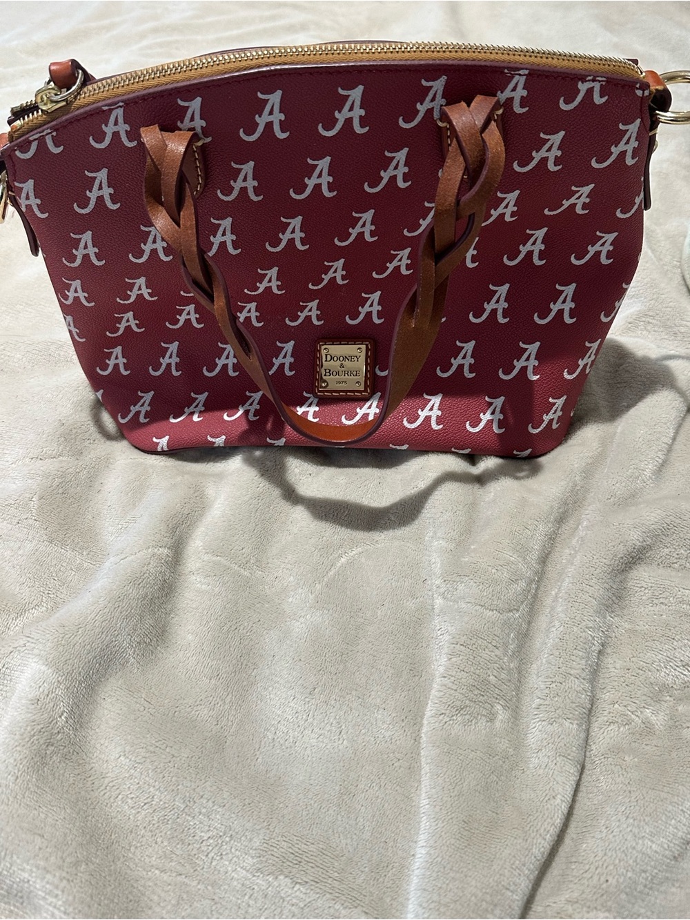Dooney & Bourke Red Alabama Logo Tote with Tan Braided Handles